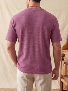 glestore Men's Vintage Old Money Style Solid Color Waffle Knit Short-Sleeve Pullover Henley Neck Design Stylish And Versatile Commuter Casual Wear - Rusty Rose - View 2