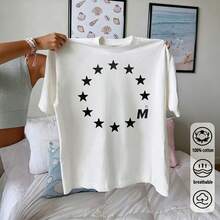 Streetwear Star Circle Graphic T-Shirt, White With Black Stars & M Logo, Crew Neck Short Sleeve Relaxed Fit Breathable Cotton - White - View 3