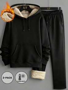 2pcs Men's Solid Color Warm Sweatshirt Set, Autumn/Winter Fleece Hooded Pullover & Long Sleeve Pants - Black - View 1