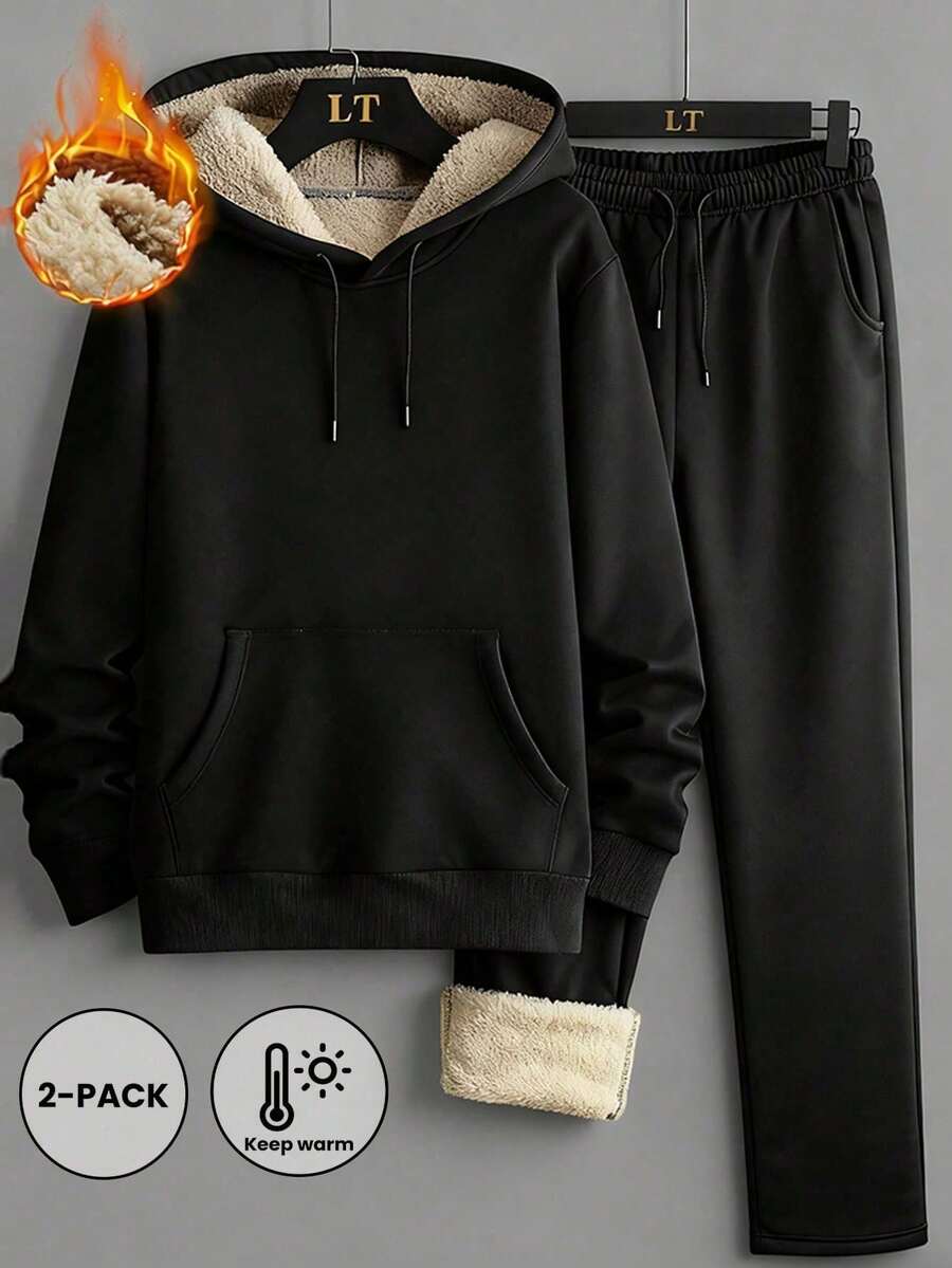 2pcs Men's Solid Color Warm Sweatshirt Set, Autumn/Winter Fleece Hooded Pullover & Long Sleeve Pants - Black - View 1