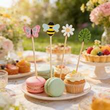 100pcs Cute Floral Animal Bamboo Food Picks, Multi-Color Bee Butterfly Daisy Leaf Decorative Skewers, Suitable For Picnic Tea Party Birthday Salad Fruit Cake Tabletop Decoration - Multicolor - View 6