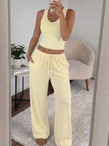 GLAMSKIN Women's Summer/Autumn Basic Solid Color Halter V-Neck 2 Pieces Set Top, Back To School And Yellow Elegant - Yellow - View 7