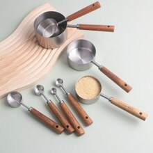 4pcs/8pcs Stainless Steel Baking Measuring Cup Set, Kitchen Liquid And Solid Measuring Tools, Including Measuring Cups And Measuring Spoons, Wooden Handle Measuring Tools For Baking, Cooking, Seasoning Spoons, Dry And Liquid Measuring Cups - Kitchen Baking Supplies - Silver - View 8