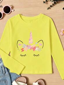 Girls Cotton Raglan Long Sleeve Tee For Fall Winter, Cartoon Unicorn Print With Closed Eyes And Floral Decor, Cute Sweet Preppy Style - Bright Yellow - View 3