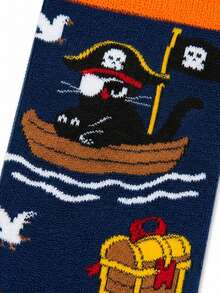 1 Pair Of Crew Sock, Men Funny Graphic Socks, Pirate Black Cat Treasure Chest Ocean Pattern Socks, Soft Breathable, Halloween Christmas Gift For Men - Multicolor - View 4