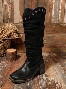 1 Pair Women's Square Toe Chunky Heel Black Patchwork High Shaft Casual Fashion Boots - Black - View 9
