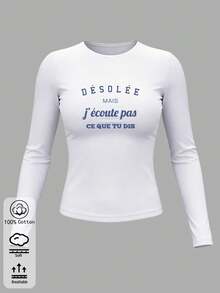 Women's Pure Cotton Long Sleeve T-Shirt French Minimalist Style With Blue Letter Print, Crew Neck Slim Fit, Autumn Winter Basic Layering Tee - White - View 4