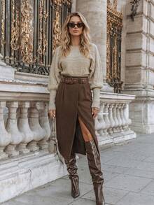 NiceArt Women's Fall Winter Khaki Minimal Knit Top, Crew Neck Cable Knit Raglan Lantern Sleeve Sweater With Ribbed Waist For Daily & Office Wear - Khaki - View 3