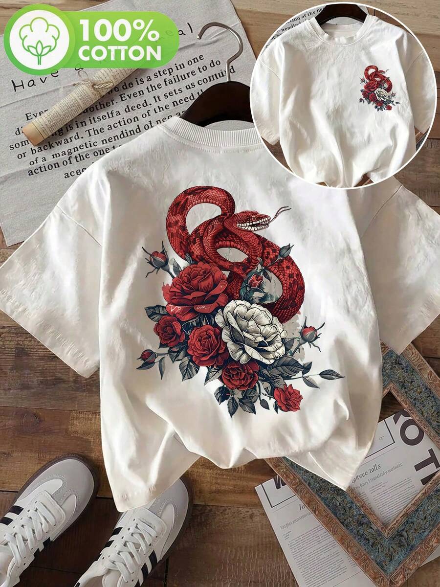 Double-Sided Printed Vintage Snake Rose Nashville Print T-Shirt, Crew Neck, Short Sleeves, Pure Fabric, Summer Fashion, Casual T-Shirt - White - View 1