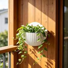 1pc Faux Rattan Bamboo Wall Hanging Planter, Semi-Circular Design, No Drilling Required, Perfect For Indoor And Outdoor Gardening, Balcony And Patio Decoration, Wall-Mounted Green Plant Pot - Flowerpot - View 6