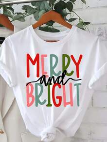 MERRY AND BRIGHT Letter Print T-Shirt, Short Sleeve Crew Neck Casual Top For Summer & Springjas Women Halloween Kostüm Damen - White - View 6