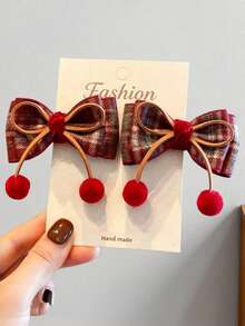 2pcs Girls Autumn/Winter Vintage Versatile Multi-Color Plaid British Style Bow Hair Clips - Burgundy - View 4