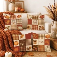 Autumn Pumpkin & Maple Leaf Pattern Cushion Cover 4pcs Set, Single-Sided Printed Peach Skin Velvet Polyester Material, 45*45CM/18*18inch Pillowcase Suitable For Room Decor, Modern Minimalist Sofa Living Room Decoration, Gift Giving, Party Decor - Multicolor - View 2