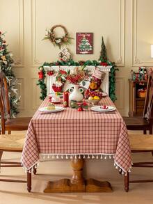 MineLain 1 pièce Nappe de table vintage à carreaux de Noël automne/hiver, carreaux orange, nappe de table rectangulaire, décoration à franges à pompons, convient pour la table à manger, la table basse, le meuble de chevet, le comptoir de cuisine, la cuisine de ferme de campagne, la salle à manger, le salon, la chambre à coucher, la fête, la décoration de vacances, la décoration de Noël, les fournitures de décoration de Noël, la décoration du Nouvel An, la décoration de la maison en automne - Rose orangé - Voir 5