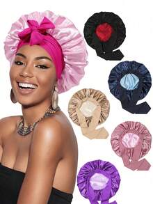 Women's Double-Layer Reversible Solid Color Silky Satin Comfortable Home Daily Sleep Hair Care Styling Cap - A - View 2