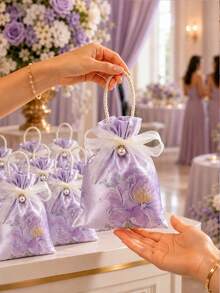 Purple Satin Drawstring Gift Bag, Printed Pattern, Transparent Organza Bow, Pearl Decoration, Twisted Rope Handle, Elegant Reusable Party Favor Bag, Suitable For Wedding Reception, Bridal Shower, Birthday Party, Anniversary, Gift Wrapping And Event Table Decor - Multicolor - View 2