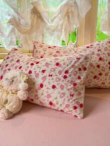 Strawberry Bow Print Duvet Cover Set, Soft Ruched Bubble Texture Bedding, Cute Girl's Room Decor 3 Pieces Set (1*Duvet Cover + 2*Pillowcases, No Filling) - Pink - View 9