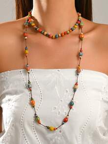 1 Set 2pcs Exotic Vintage Bohemian Colorful Mixed Bead Layered Necklace Set, Suitable For Women's Daily Wear, Vacation, Travel, Atmospheric Accessory - Color - View 3