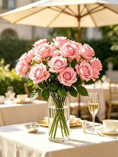 48/24pcs Artificial Light Pink Long Stem Silk Roses, Faux Rose Bouquet, Romantic Aesthetic Decor, Bridal Party Table Centerpiece, Home Decor, Wedding Arch Decoration, Valentine's Day Gift, Indoor/Outdoor Vase Arrangement, Party Photo Home Autumn Holiday Decoration