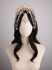 Bridal Crown Headband Luxury Gold Pearl Rhinestone Forehead Chain Tassel Vintage Royal Princess Wedding Headpiece For Prom Pageant Party - Multicolor - View 3