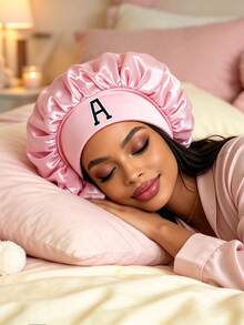 女款可調節寬邊緞面睡眠帽，花卉字母 A-Z 透氣夜帽，適合捲髮與自然髮質，睡眠配件 - 粉色 - 查看 4