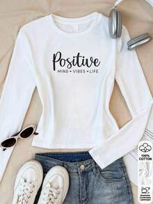 Women's Pure Cotton Long Sleeve Top T-Shirt Positive Print Minimalist Casual Slim Fit Crew Neck Fall Winter Basic Layering Tee - White - View 3