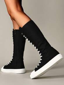 All-Season Outdoor Women's Fashion Flat Over-The-Knee Boots, Built-In Zipper, Breathable Lightweight Comfortable Athletic Shoes, Black All-Season, Fabric Upper, Suitable For Students, Parties And Daily Outings, Size 36-43, Tall Boots For Women - Black and White - View 5