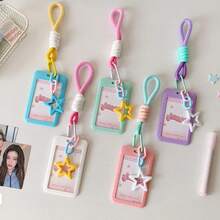 Macaron Colorful Small Card Storage Sleeve, Korean Idol Photocard Holder With Star Keychain Lanyard, Plastic Photo Card Protective Sleeve, Sweet INS Style, Suitable For Korean Entertainment Photocards, Student Campus ID Cards, Daily Collection And Display, ID Card Holder, Portable Card Sleeve, Cute Gift For Girls - A - View 2