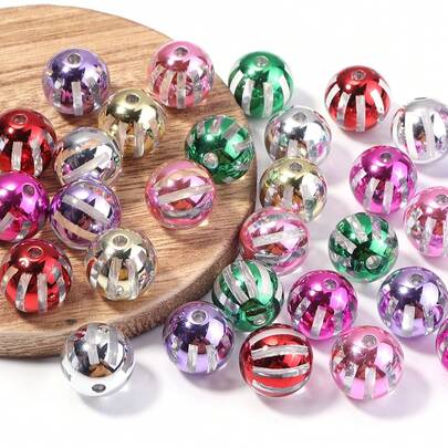 10Pcs Acrylic Transparent Electroplated Watermelon Pattern Round Beads 16mm Christmas Color Loose Beads DIY Phone Chain Bracelet Necklace Earrings Jewelry Accessories Keychain Bag Pendant Tassel Charm Car Hanging Decor Beads