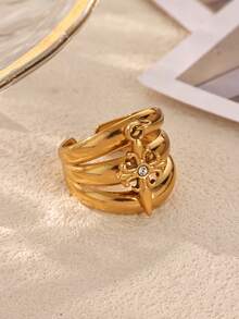 1Pc Vintage Triple Band Open Ring With Cross Charm, Stainless Steel Ring, Gold Ring, Edgy Punk Style Jewelry For Party, Christmas Gift - Multicolor - View 3