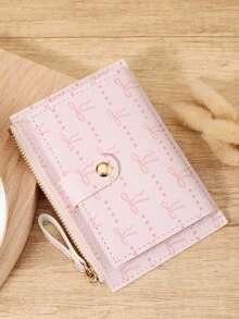 Simple Bow Printed Card Bag, Ultra-Thin Zipper Convenient ID Window ID Bag, Portable Credit Card And Coin Card Bag, Suitable For Outdoor And Travel - Pink - View 4
