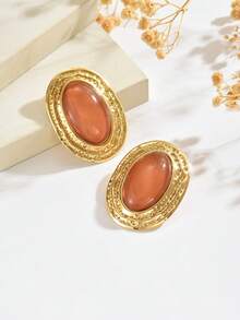 1 Pair Fashionable Elegant Exaggerated Vintage Luxury Tie Dye Floral Pattern Faux Gemstone Geometric Oval Stud Earrings Suitable For Women Daily Wear, Vacation, Banquet, Party, Wedding - Brown - View 4
