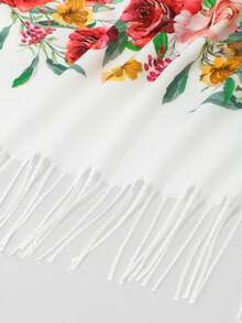 1pc Women's Rose Print Tassel Shawl With Virgin Mary Pattern, Suitable For Daily Wear - White - View 5