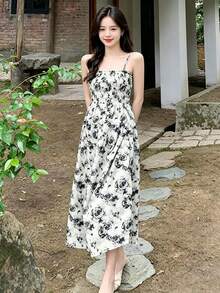 YCYC Casual Floral Print Cinched Waist Spaghetti Strap Dress - White - View 3