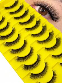 10 Pairs Natural Short D-Curl Fluffy Russian Strip Lashes, 3D Faux Mink Lashes, Thick Cat Eye Lashes, Voluminous Messy Mink Lashes, Long Seductive Eyes, Lifting Makeup Effect, Lash Extension Set, Full Lash Strips, Lengthening And Volumizing Outer Corners, Makeup Practice Lashes, Reusable False Lashes For Prom And Wedding - Black - View 1