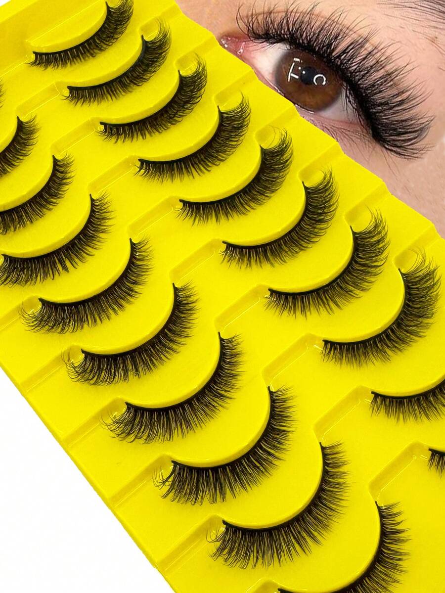 10 Pairs Natural Short D-Curl Fluffy Russian Strip Lashes, 3D Faux Mink Lashes, Thick Cat Eye Lashes, Voluminous Messy Mink Lashes, Long Seductive Eyes, Lifting Makeup Effect, Lash Extension Set, Full Lash Strips, Lengthening And Volumizing Outer Corners, Makeup Practice Lashes, Reusable False Lashes For Prom And Wedding - Black - View 1