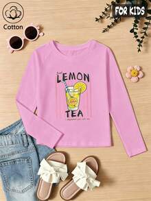Girls Pure Cotton Raglan Long Sleeve Tee For Fall Winter, Cartoon Lemon Tea Print With Pink Stripes, Cute Sweet Preppy Style - Light Wine Red - View 3