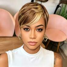 Wig Rambut Manusia Berwarna 4/27 Potongan Pixie Pendek untuk Wanita Tanpa Renda Tanpa Lem, Penutup Jaring Mawar Lembut untuk Penggunaan Sehari-hari, Wig Pendek Modis Tampilan Baru 4/27 Wig Rambut Manusia Asli Berkilau, Wig Pixie Pendek Berlapis Buatan Mesin Penuh dengan Poni, Mudah Dipakai - MultiWarna - View 4