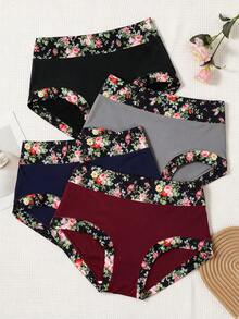 4pcs Women's Contrast Color Floral Print Comfortable Plus Size Mid-Waist Triangle Panties - Multicolor - View 3