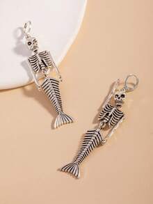 1 Pair Halloween New Vintage Alloy Mermaid Skeleton Pendant Earrings For Women - Silver - View 2