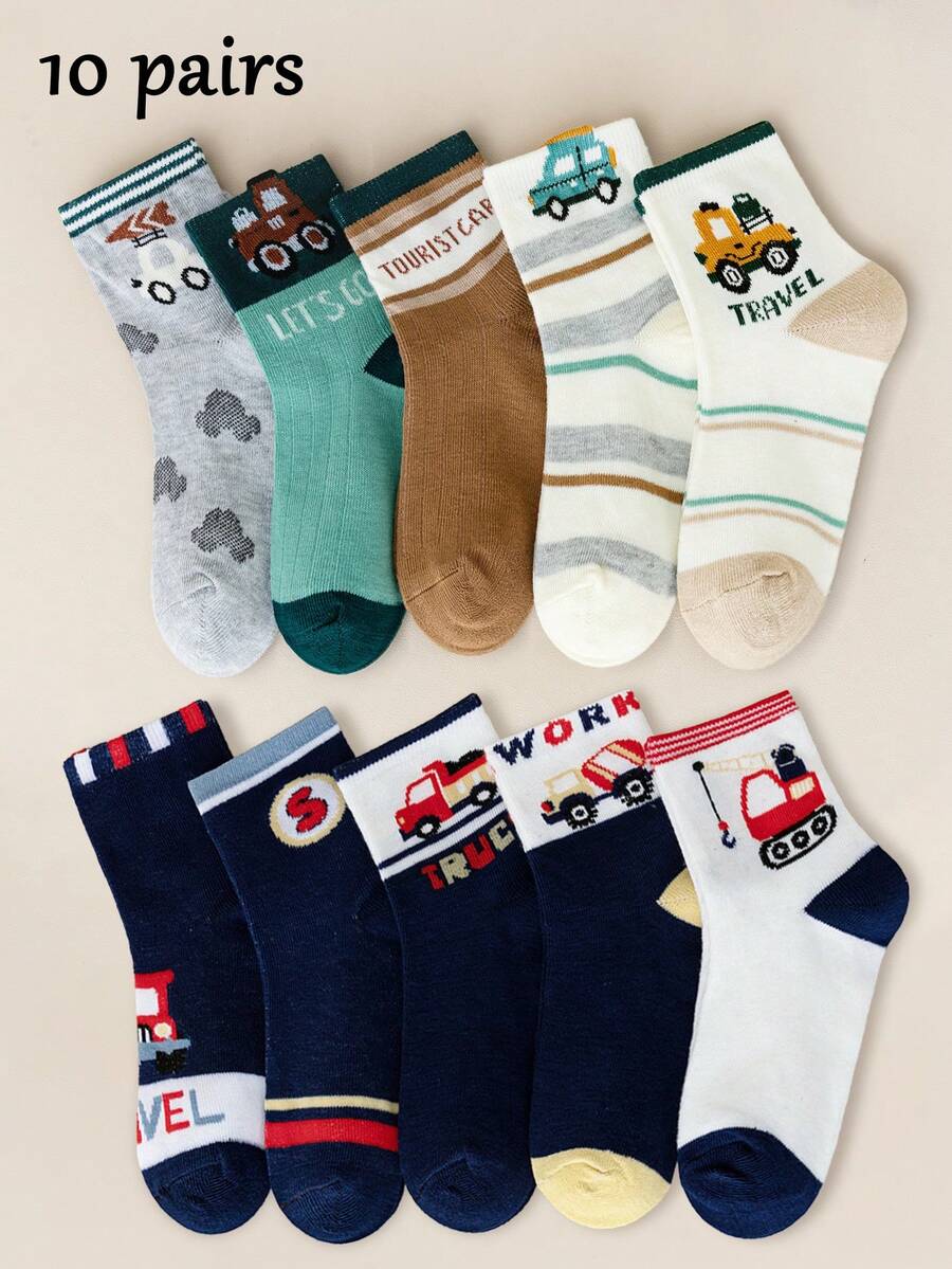 10 Pairs Cartoon Car Pattern Kids Socks, Cute Breathable Mid-Calf Socks ...