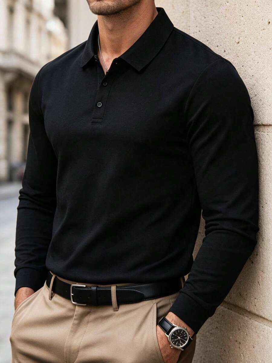 Men's Spring/Autumn Fashion Casual Loose Fit Long Sleeve Polo Shirt With Turn-Down Collar, Suitable For Daily Commute And Travel - Black - View 1