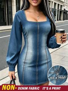 Women's Elegant Square Neck Long Sleeve Denim Print Sexy Short Dress, Suitable For Autumn Evening Outings, Dates And Parties - Denim Blue - View 10