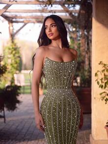 ADYCE Women's Handmade Nail Bead Hot Stamping, Strapless, High Waisted, Backless Tie And Floor Party Dress For Prom Birthday Party Evening Date Homecoming - Army Green - View 3