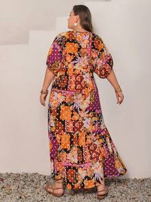 Rusttydustty Plus Size V-Neck Allover Print Short Sleeve Summer Dress - Red - View 4
