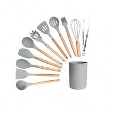 12 PCS Silicone Cooking Tools With Wooden Handle, Kitchen Utensil Set, Cooking Utensils Set Heat Resistant & Non-Scratch For Nonstick Pans, Utensil Set Includes Spatula, Spoon & Tongs, Kitchen Accessor - Grey - View 1
