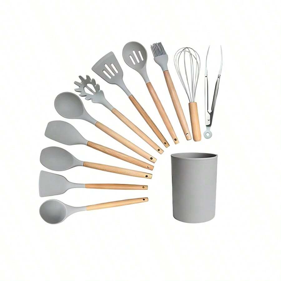 12 PCS Silicone Cooking Tools With Wooden Handle, Kitchen Utensil Set, Cooking Utensils Set Heat Resistant & Non-Scratch For Nonstick Pans, Utensil Set Includes Spatula, Spoon & Tongs, Kitchen Accessor - Grey - View 1