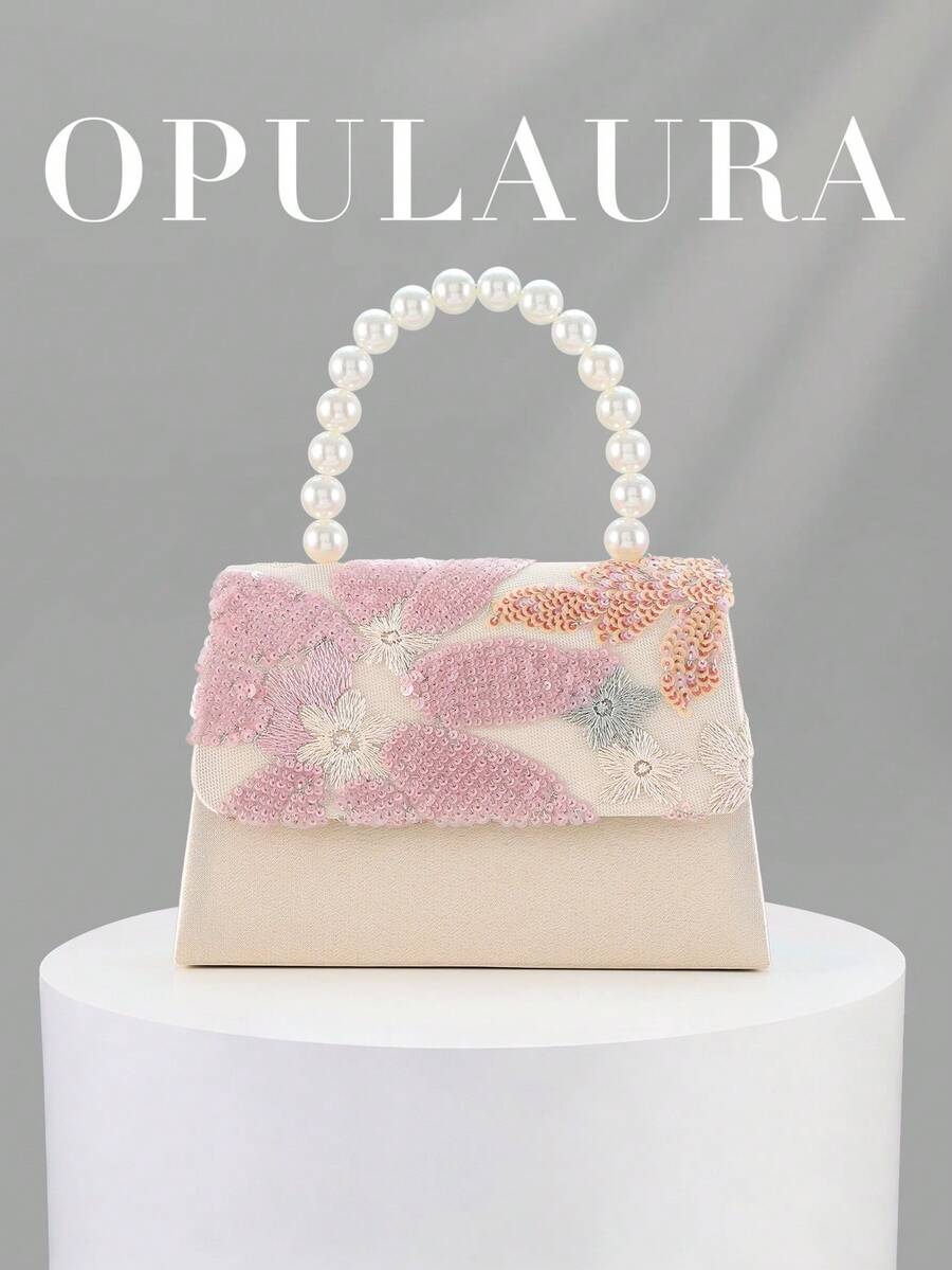 OpulAura 亮片刺繡花卉手提包,女款時尚亮片拼接手拿包,仿珍珠手柄設計,派對晚宴包,隨機剪裁,適合女性,適用於派對、婚禮、舞會、度假,完美搭配派對、婚禮、舞會晚宴/宴會,可搭配度假派對洋裝、晚禮服和亮片洋裝 - 粉色 - 查看 1