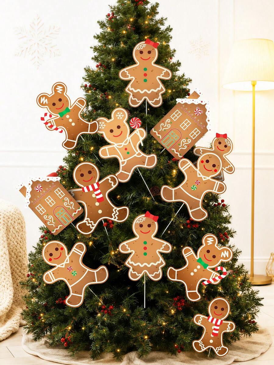 12pcs-Christmas Tree Decorative Branches, Large Gingerbread Man Christmas Tree Branches, Christmas Gingerbread Man Tree Top Decoration, Suitable For Christmas Tree, Winter Holiday, Home Party And Vase Decoration - Multicolor - View 1