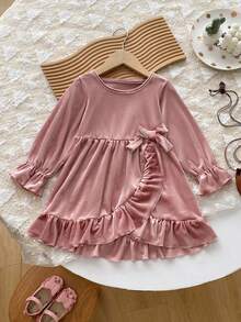 Girls' Velvet Princess Dress With Bow And Frill Trim, Cake Dress, Formal Gown, Autumn - Pink - View 2